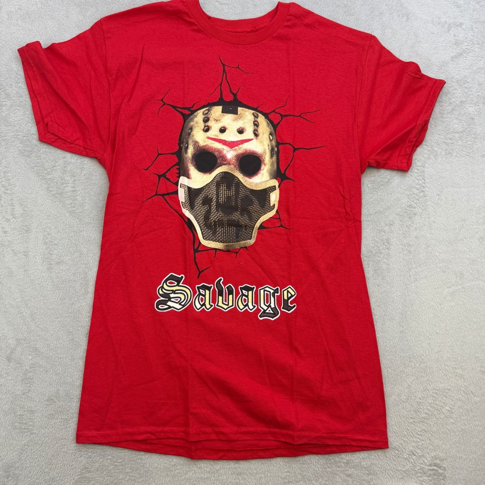 3FORTY Inc T Shirt Mens Medium Red Savage Jason Hockey Mask Graphic Horror Goth